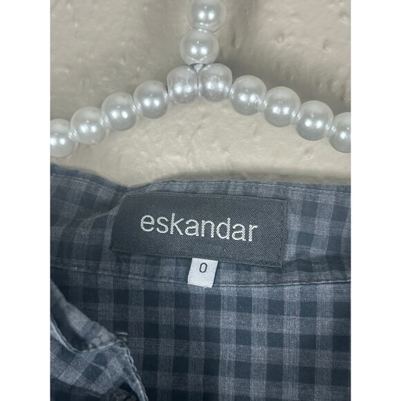 Eskandar Size 0 Top Button Down Oversized Lagenlook Gray Gingham Cotton Shirt - Picture 3 of 12